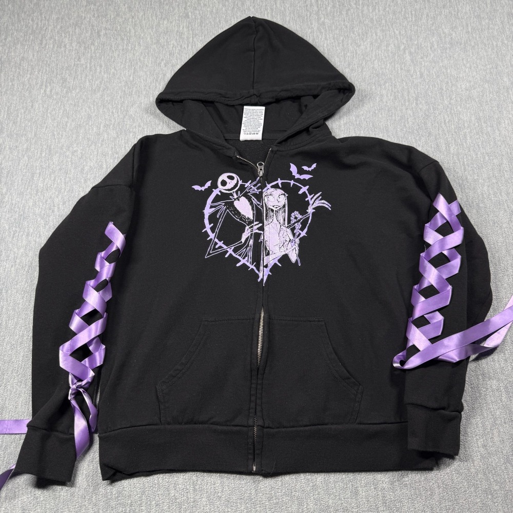Disney Nightmare Before Christmas Lace Up Sleeve Zip Hoodie Black Purple Small